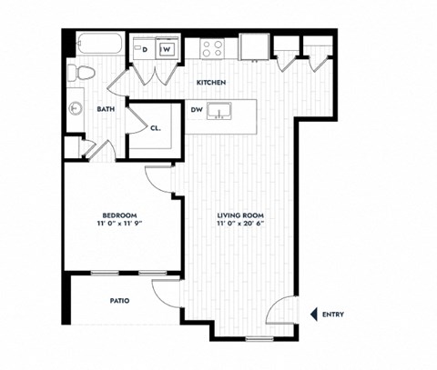 Floor plan for 1 bed, 1 bath, 723 sqft